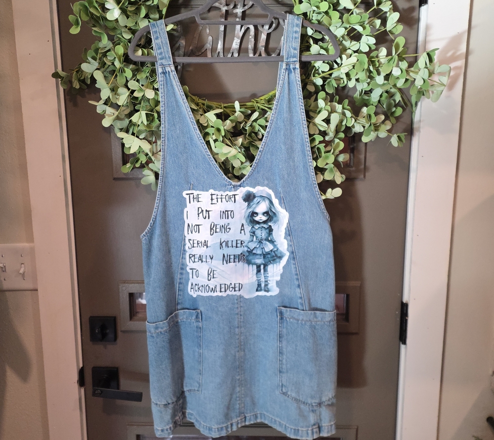 We The Free Light Blue Denim Pinafore Romper with Custom Graphic